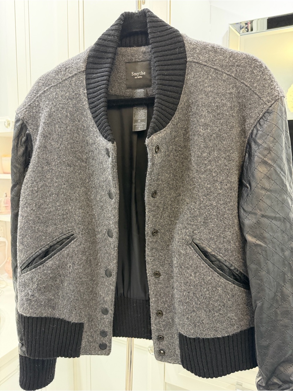 Smythe Gray Wool Bomber Jacket with Black Quilted Leather Sleeves